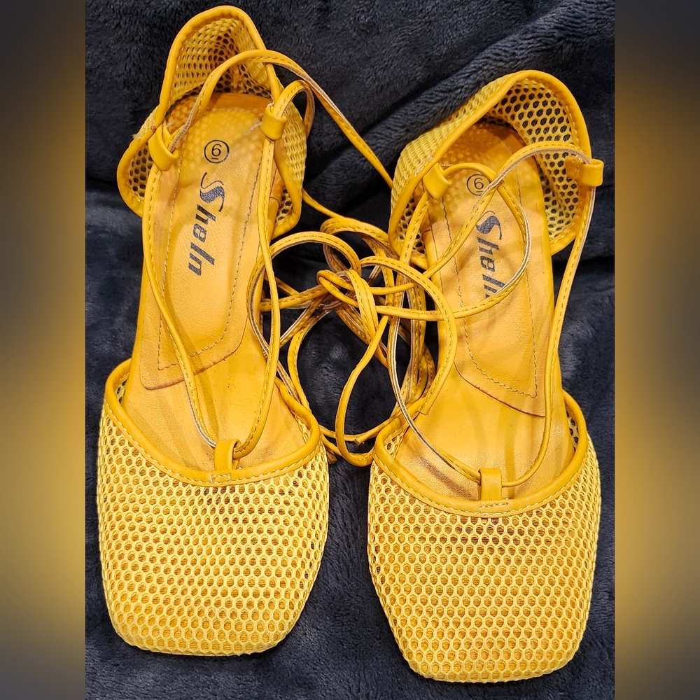 Shein Yellow Mesh Tie Around Ankle Heels Women's Size 6